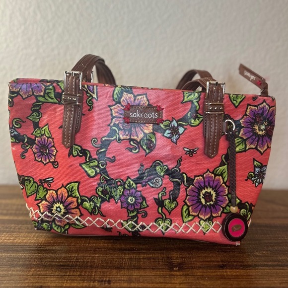 Sakroots Handbags - Sakroots Floral Tote Bag Coral Multi Color Leather Trim‎ Small Shoulder Bag